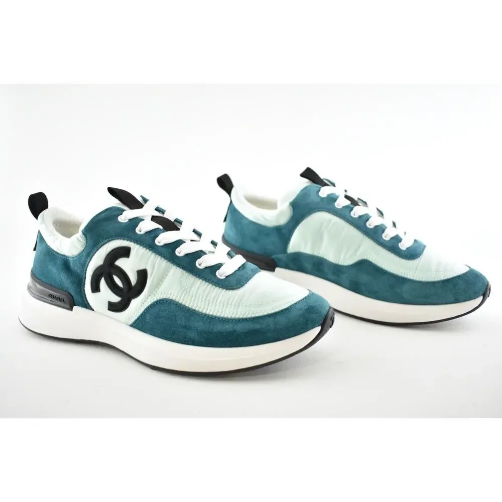 Chanel 21P Blue Green Black Suede CC Lace Up Flat Runner Trainer Sneaker 40.5 - Picture 2 of 9